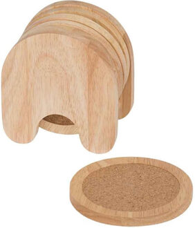 Set van 5x glazenonderzetters hout in houder 10 cm - Glazenonderzetters Bruin