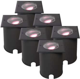 Set van 6 Cody - Smart LED Grondspot - IP67 waterdicht - 5,5 Watt 345 Lumen - Kantelbaar - Overrijdbaar - Vierkant - Wifi + Bluetooth - RGBWW - GU10 - Google Home, Amazon Alexa en Siri - Zwart