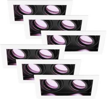 Set van 6 Durham Inbouwspots Dubbel Wit - GU10 - 4,5 Watt 350 lumen - RGB + WW - Wifi + BLE - Kantelbaar - IP20 - Rechthoek