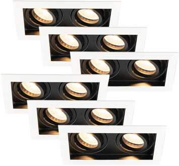 Set van 6 Durham - LED Inbouwspot - 8 watt 690 lumen - 2700K Warm wit - Dubbel - GU10 - Kantelbaar - IP20 voor binnen - Rechthoek - Wit/Zwart