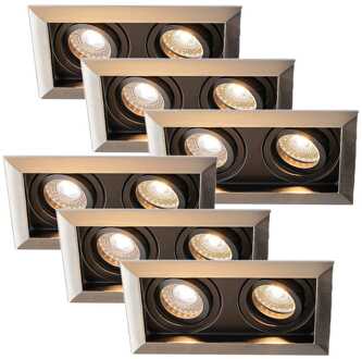 Set van 6 Durham - LED Inbouwspot - 8 watt 690 lumen - 2700K Warm wit - Dubbel - GU10 - Kantelbaar - Verzonken - IP20 voor binnen - Rechthoek - RVS