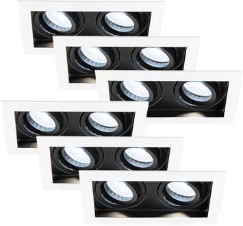 Set van 6 Durham - LED Inbouwspot - 8 Watt 690 Lumen - 6500K Daglicht wit - Dubbel - GU10 - Kantelbaar - IP20 voor binnen - Rechthoek - Wit/Zwart
