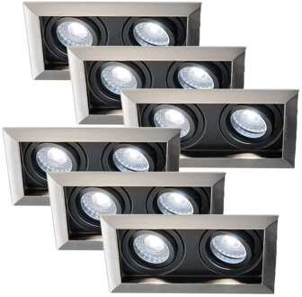 Set van 6 Durham - LED Inbouwspot - 8 Watt 690 Lumen - 6500K Daglicht wit - Dubbel - GU10 - Kantelbaar - Verzonken - IP20 voor binnen - Rechthoek - RVS