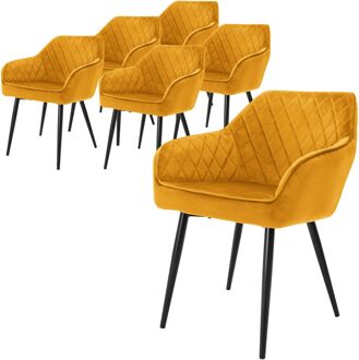 set van 6 eetkamerstoelen met armleuning en rugleuning, oker, keukenstoel met fluwelen bekleding, gestoffeerde Koperkleurig