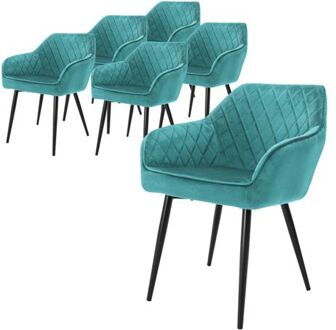 Set van 6 eetkamerstoelen met armleuning en rugleuning, turquoise, keukenstoel met fluwelen bekleding, Blauw