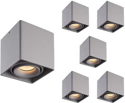 Set van 6 Esto LED vierkante opbouwspots - Dimbaar - Kantelbaar - 4 Watt 345 lumen - 2700K warm wit - GU10 - Plafondspot - Voor binnen - Vervangbare afdekring - Grijs