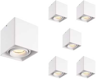Set van 6 Esto LED vierkante opbouwspots - Dimbaar - Kantelbaar - 4 Watt 345 lumen - 2700K warm wit - GU10 - Plafondspot - Voor binnen - Vervangbare afdekring - Wit