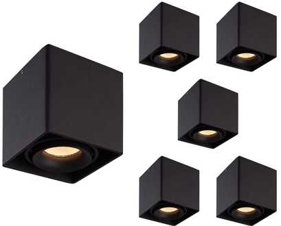 Set van 6 Esto LED vierkante opbouwspots - Dimbaar - Kantelbaar - 4 Watt 345 lumen - 2700K warm wit - GU10 - Plafondspot - Voor binnen - Vervangbare afdekring - Zwart