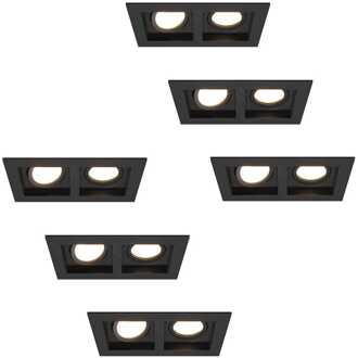 Set van 6 Fresno Dubbele Inbouwspot - Rechthoek - 2x GU10 - 4000K neutraal wit - 8 Watt 690 Lumen - Kantelbaar - IP20 stofdicht - Zwart
