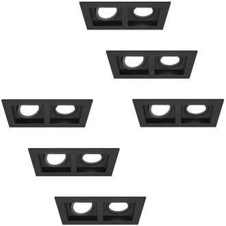 Set van 6 Fresno Dubbele Inbouwspot - Rechthoek - 2x GU10 - 6500K Daglicht wit - 8 Watt 690 Lumen - Kantelbaar - IP20 stofdicht - Zwart