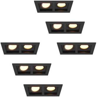 Set van 6 Fresno Dubbele Inbouwspots - Rechthoek - 2x GU10 - 2700K Warm wit - 8 watt 690 lumen - Kantelbaar - IP20 stofdicht - Zwart