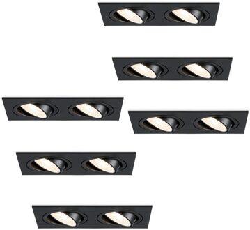 Set van 6 Mallorca dubbele LED inbouwspots vierkant - Kantelbaar - 4000K Neutraal wit - GU10 - 5 Watt - Rechthoekig - GU10 verwisselbare lichtbron - Plafondspot voor binnen - Zwart