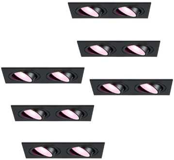 Set van 6 Mallorca - LED inbouwspot - IP20 - Kantelbaar - 11 Watt 690 Lumen - Wifi + Bluetooth - RGBWW - Dubbel - GU10 - Google Home, Amazon Alexa en Siri - Rechthoek - Voor binnen - Zwart