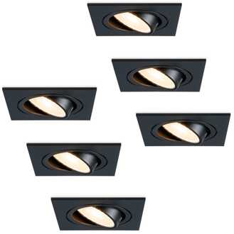 Set van 6 Mallorca LED inbouwspot - IP20 - Kantelbaar - 4 Watt 345 lumen - 2700K Neutraal wit - GU10 - Dimbaar - Vierkant - Voor binnen - Zwart