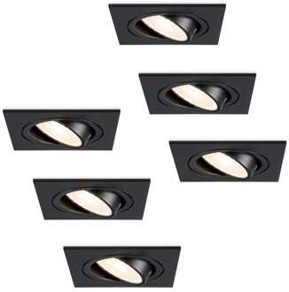 Set van 6 Mallorca LED inbouwspot - IP20 - Kantelbaar - 4 Watt 345 Lumen - 4000K Neutraal wit - GU10 - Dimbaar - Vierkant - Voor binnen - Zwart