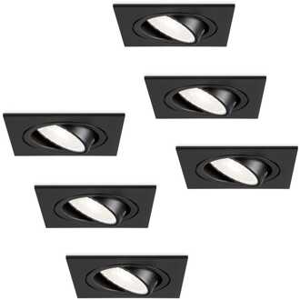 Set van 6 Mallorca LED inbouwspot - IP20 - Kantelbaar - 4 Watt 345 Lumen - 6500K Daglicht wit - GU10 - Dimbaar - Vierkant - Voor binnen - Zwart