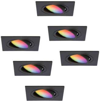 Set van 6 Mallorca - LED inbouwspot - IP20 - Kantelbaar - 5,5 Watt 345 Lumen - Wifi + Bluetooth - RGBWW - GU10 - Google Home, Amazon Alexa en Siri - Vierkant - Voor binnen - Zwart
