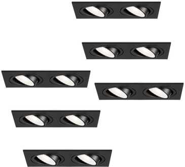 Set van 6 Mallorca LED inbouwspot - IP20 - Kantelbaar - 8 Watt 690 Lumen - 6500K Daglicht wit - Dubbel - GU10 - Dimbaar - Rechthoek - Voor binnen - Zwart