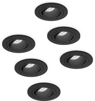 Set van 6 Philadelphia LED inbouwspots - Dimbaar - Incl. GU10 - 6500K - 4 Watt - Zwart - Kantelbaar - IP20 voor binnen - Rond