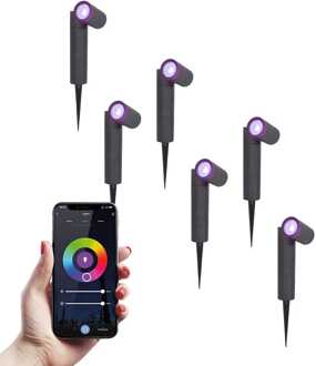 Set van 6 Pinero - Smart LED Prikspot - IP65 waterdicht - 5,5 Watt 345 Lumen - RGBWW - GU10 - Wifi + Bluetooth - IP65 Waterdicht - Bestuurbaar via app - Google Home, Amazon Alexa en Siri - Zwart - Tuinspots