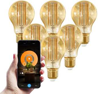 Set van 6 Smart E27 LED Filament Lamp - 7 Watt 806 lumen - A60 Amberkleurig glas - 1800-3000K Dimbaar