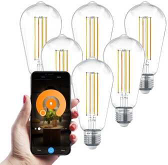 Set van 6 Smart E27 LED Filament Lamp - 7 Watt 806 lumen - ST64 Helder - 1800-3000K - Dimbaar - Edison lamp Transparant