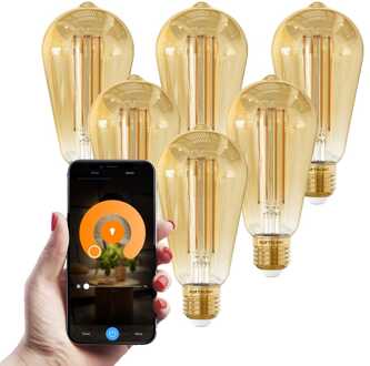 Set van 6 Smart E27 LED Filament Lampen - 7 Watt 806 lumen - ST64 Amberkleurig glas - 1800-3000K Dimbaar - Edison lamp