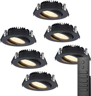 Set van 6 stuks LED inbouwspots Rome zwart IP44 6 Watt 2700K dimbaar kantelbaar incl. afstandsbediening 5 jaar garantie