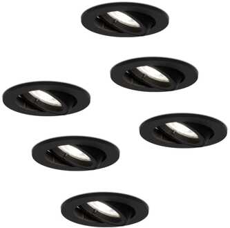Set van 6 stuks zwarte dimbare LED inbouwspots Oslo 5 Watt 6400K kantelbaar