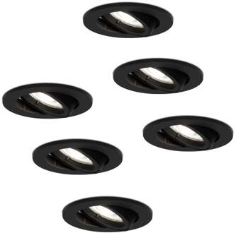 Set van 6 stuks zwarte dimbare LED inbouwspots Oslo 5 Watt 6400K kantelbaar