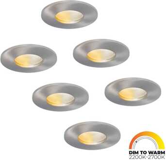 Set van 6 Vegas - LED platte inbouwspots met lage inbouwdiepte 60mm - 3,8 Watt 230 Lumen - Dim to Warm - GU10 LED Module - Dimbaar - Rond - IP44 voor badkamer, buiten en binnen - RVS
