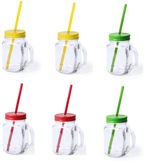 Set van 6x glazen drinkbekers dop/rietje 500 ml geel/groen/rood