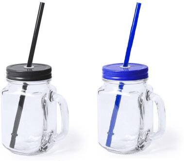 Set van 6x glazen drinkbekers dop/rietje 500 ml zwart/blauw