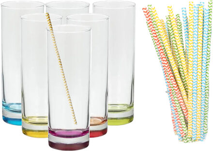 Set van 6x longdrinkglazen en 100x duurzame rietjes papier - 310 ml - Longdrinkglazen Multikleur