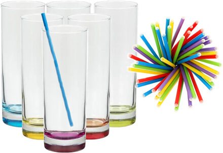 Set van 6x longdrinkglazen en 100x duurzame rietjes papier - 310 ml - Longdrinkglazen Multikleur