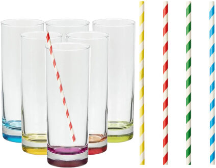 Set van 6x longdrinkglazen en 100x duurzame rietjes papier - 310 ml - Longdrinkglazen Multikleur