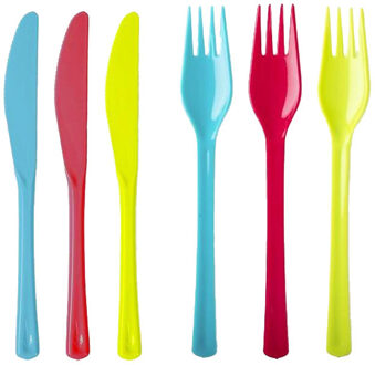 Set van 6x messen en 6x vorken - kunststof - herbruikbaar plastic - 19 cm - BBQ / Verjaardag