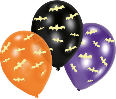 Set van 6x stuks Halloween Glow in the dark ballonnen met vleermuis print 30 cm - Ballonnen Multikleur