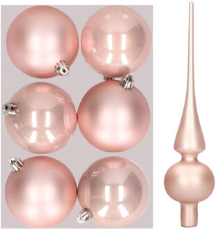 Set van 6x stuks kunststof kerstballen 8 cm inclusief glazen piek lichtroze
