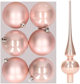 Set van 6x stuks kunststof kerstballen 8 cm inclusief glazen piek lichtroze