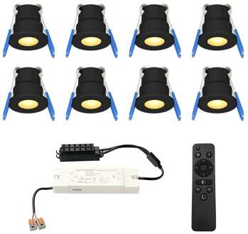 Set van 8 12V 3W - Mini LED Inbouwspot - Zwart - Dimbaar - Verzonken - Verandaverlichting - IP65 voor buiten - 2700K - Warm wit