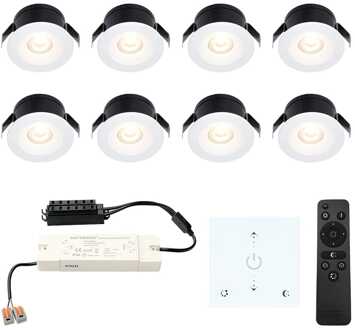 Set van 8 Cadiz LED Mini Inbouwspots met Trafo en Muurdimmer - 12 Volt 3 Watt 200 lumen - Dimbaar - Plat 26mm - 2700K - IP44 waterdicht - Wit - Veranda Spotjes - Overkapping Spotjes