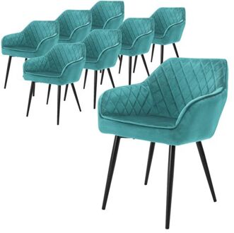 Set van 8 eetkamerstoelen met armleuning en rugleuning, turquoise, keukenstoel met fluwelen bekleding, Zwart