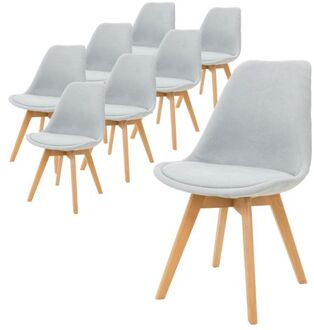 set van 8 eetkamerstoelen met rugleuning, grijs, Scandinavische retro gestoffeerde stoelen met beukenhouten