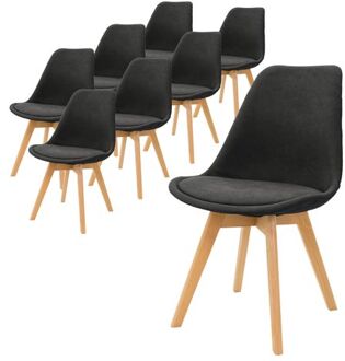 set van 8 eetkamerstoelen met rugleuning, zwart, Scandinavische gestoffeerde stoelen met beukenhouten poten Bruin