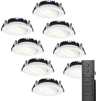 Set van 8 stuks LED inbouwspots Rome wit IP44 6 Watt 2700K dimbaar kantelbaar incl. afstandsbediening 5 jaar garantie