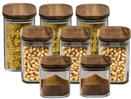 Set van 8x keuken voorraadbussen/potten glas 0.6-0.9-1.6 Liter inhoud