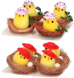 Set van 8x Paaskuikentjes in mand - 4 cm - 2 varianten