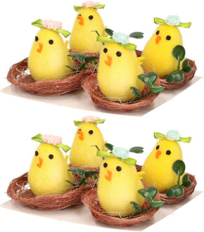 Set van 8x stuks paaskuikens in mand - geel met bloemhoedje - 4 cm