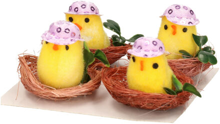Set van 8x stuks paaskuikens in mand - geel met lila petje - 4 cm